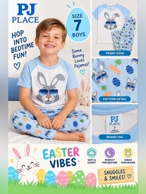 PJ place boys size 7 blue Easter bunny pajamas #05